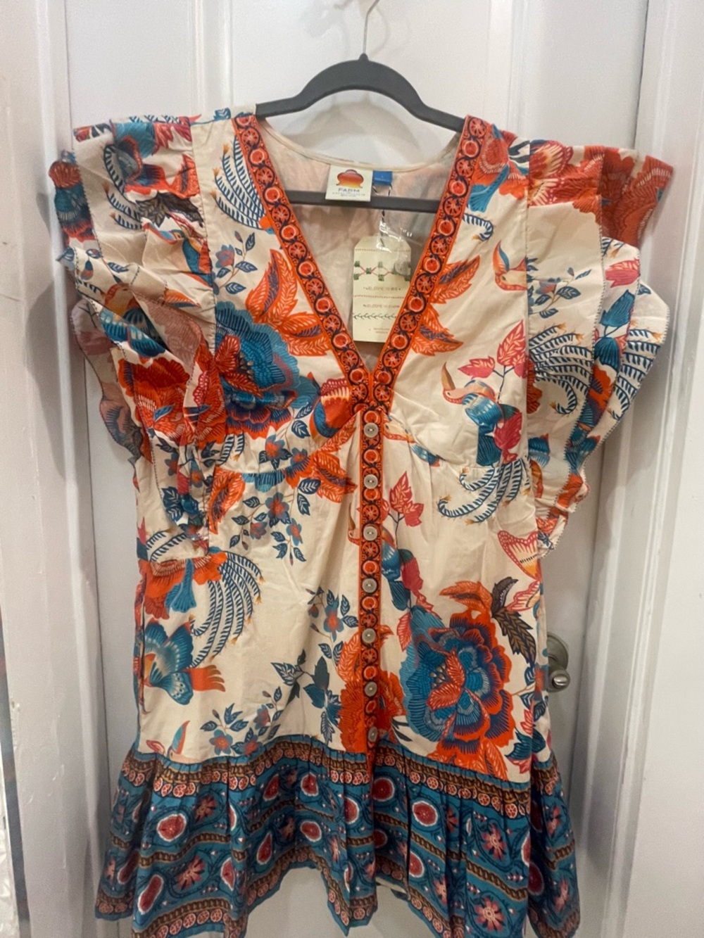 Farm rio for Anthropologie Floral Ruffle Mini Dress in Teal & Coral - Picture 5 of 6